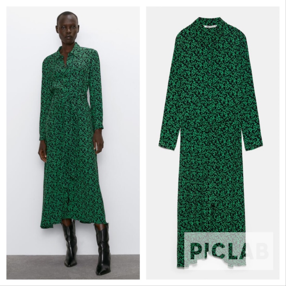 Zara | Dresses | Zara Green Print Shirt Dress